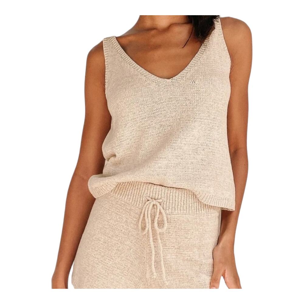Sage the Label Lady Beige V-neck Knit Tank Top Neutral Coastal Grandma Women's L